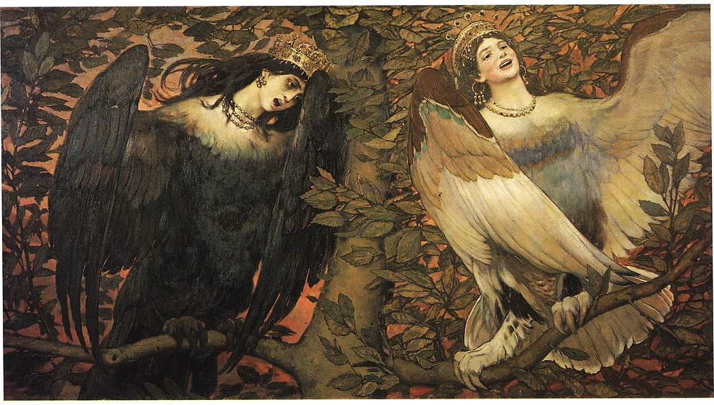 A painting of a dark feathered Sirin on the left and a light feathered Alkonost on the right.