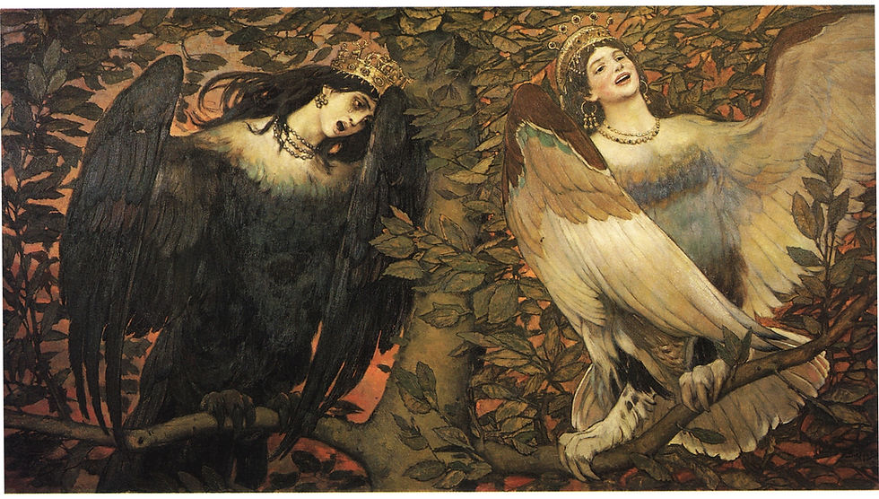 A painting of a dark feathered Sirin on the left and a light feathered Alkonost on the right.