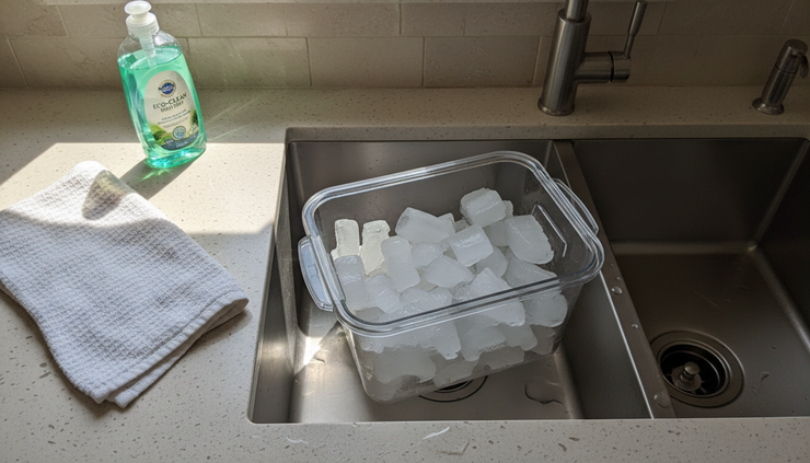 Overhead view of a removed ice bin with clumped ice in a kitchen sink.