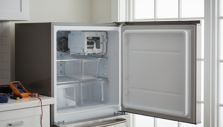 Eye-level view of a refrigerator freezer with an empty ice bin.