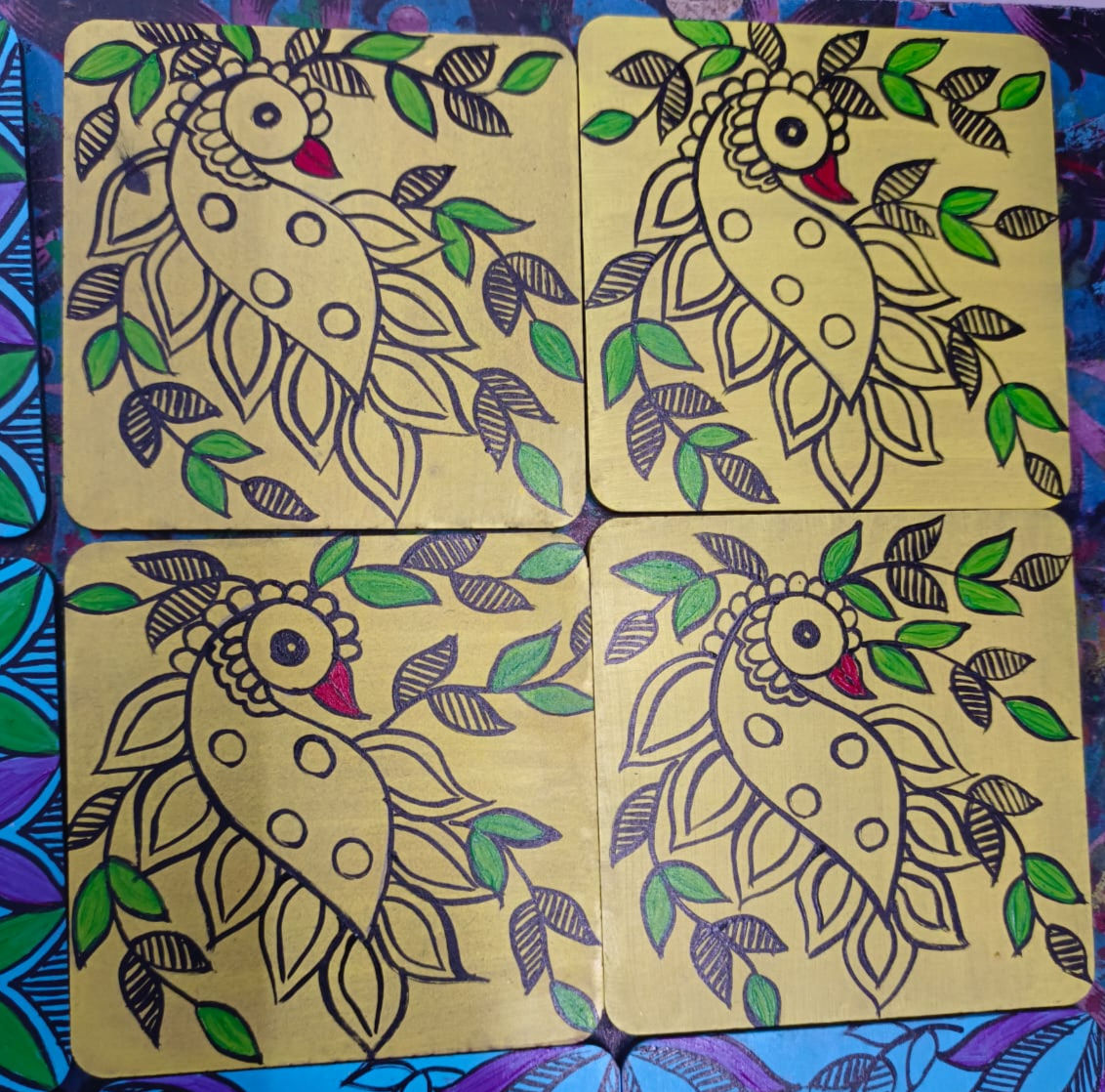Madhubani Bird Tea Coaster (set of FOUR)