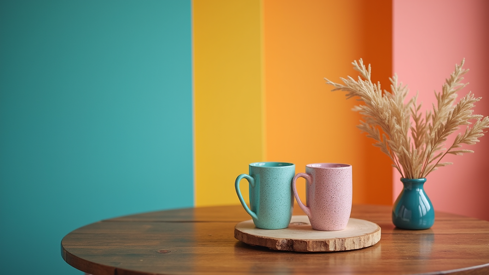 Vue en plongée d’accessoires colorés pour photobooth sur une table en bois