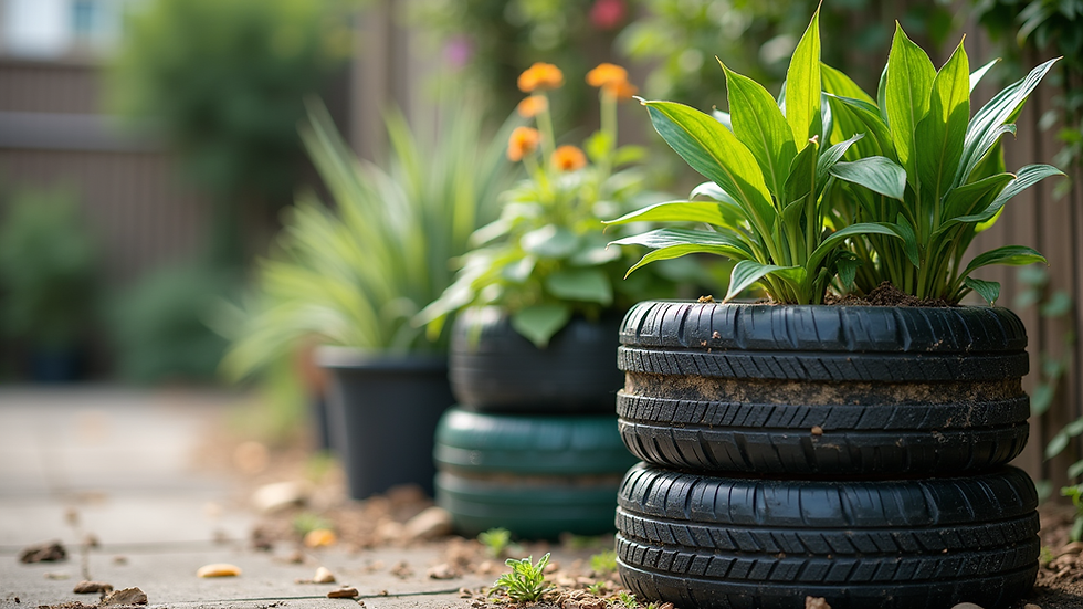 Eye-level view of stacked upcycled tire planters with various plants