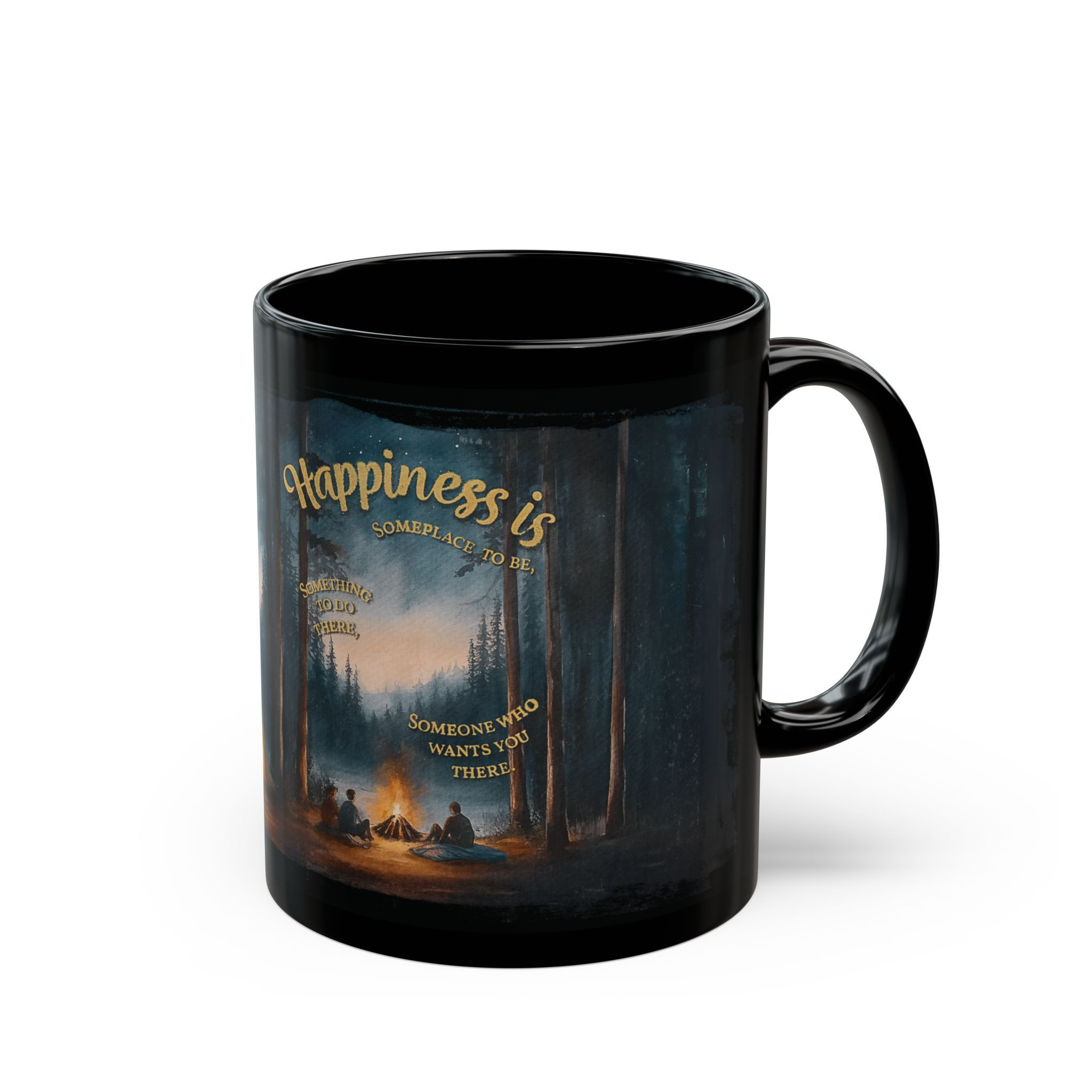 "Happiness is" | Warmth Around the Campfire | Black Ceramic Mug | (11oz, 15oz)