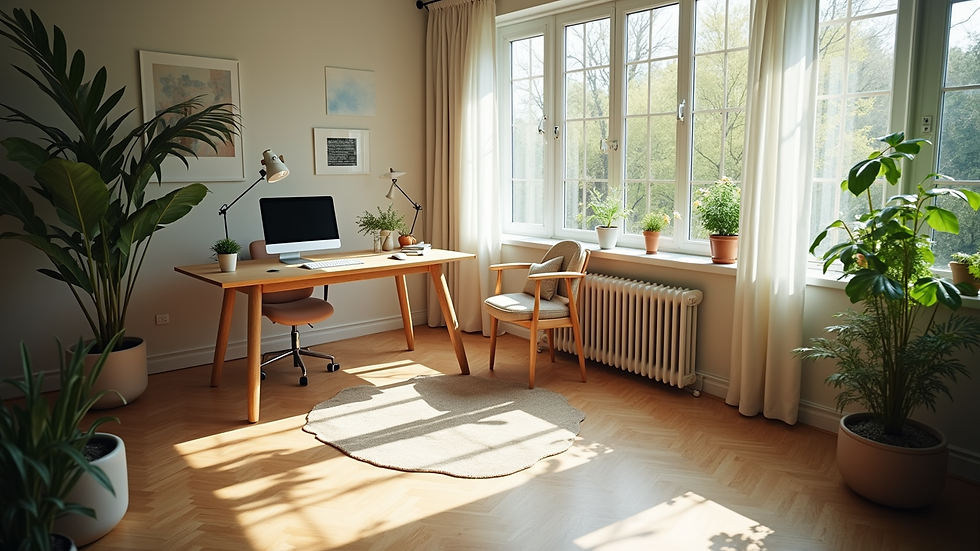 High angle view of a peaceful home office with plants and natural light
