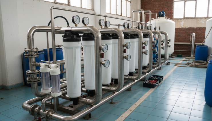 Close-up view of a commercial RO water plant with filters and stainless steel pipes
