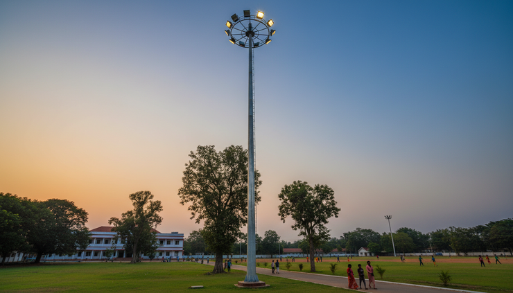 Low-angle view of a high-mast lighting pole installed near an open institutional ground
