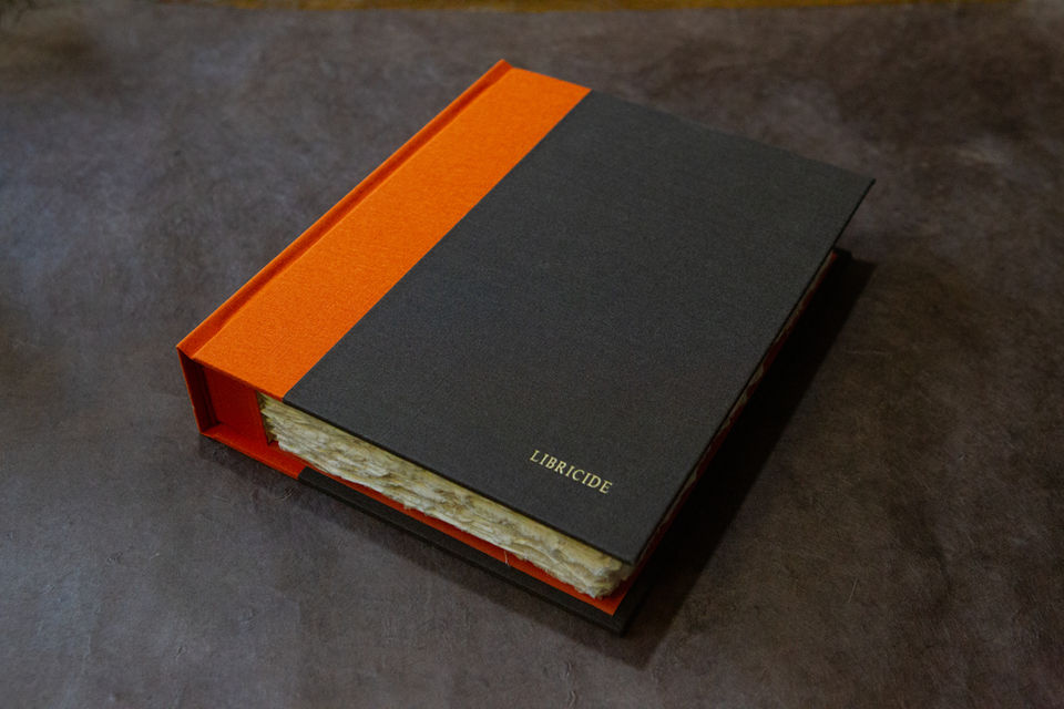 Libricide Book, 2022 — Artist's book. Handmade A5 artist's book in a limited edition of five copies, created with Damian Bagiński; explores water and fire in the destruction of books.