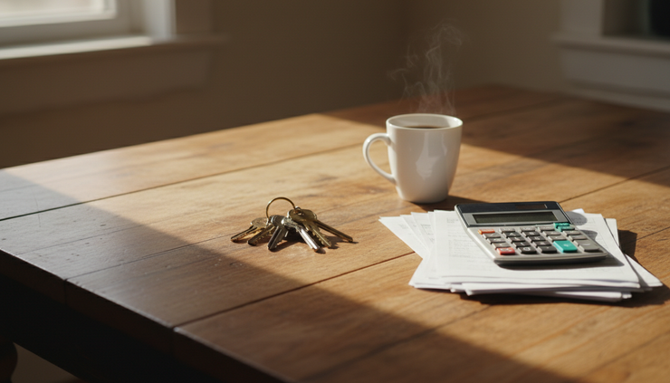 Wide-angle view of a kitchen table with house keys, financial papers, and a calculator in soft morning light.