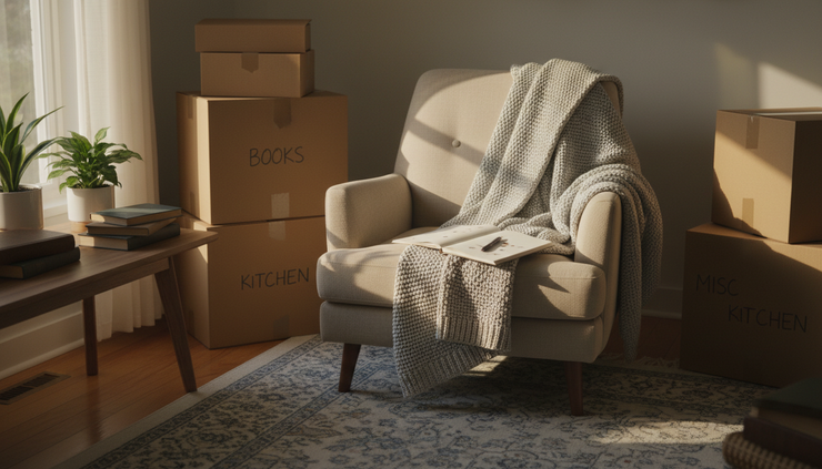 Eye-level view of a quiet living room with packed boxes, a blanket, and a notebook on a chair.