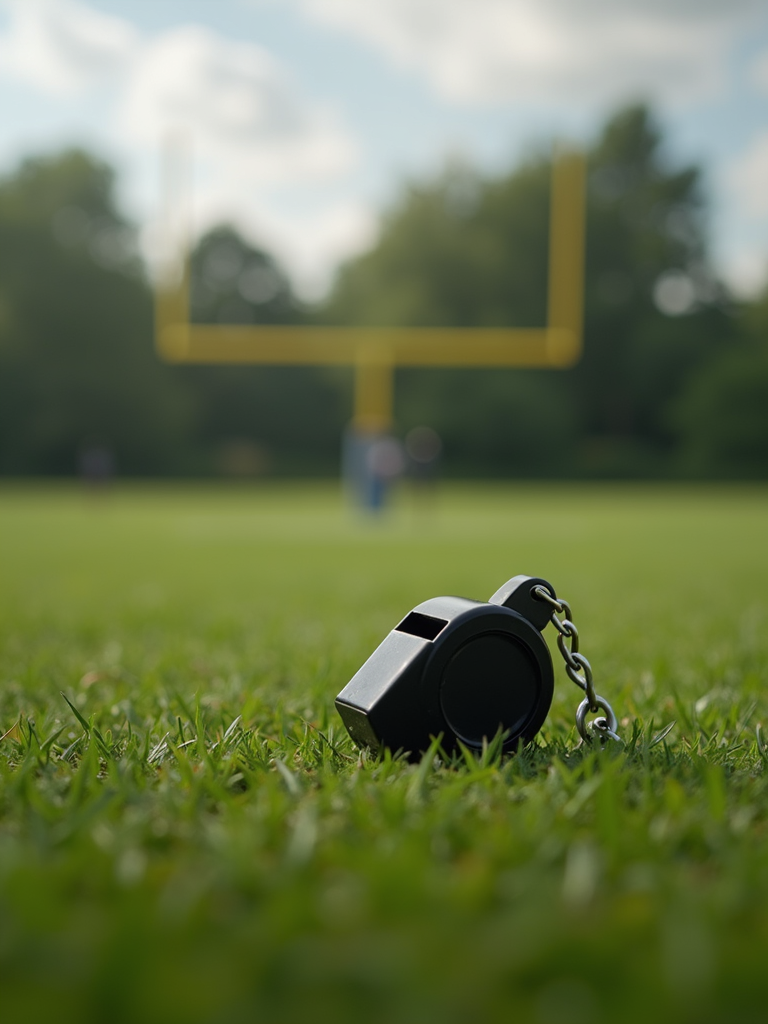 A silver coach's whistle resting on a tactical board over green grass.