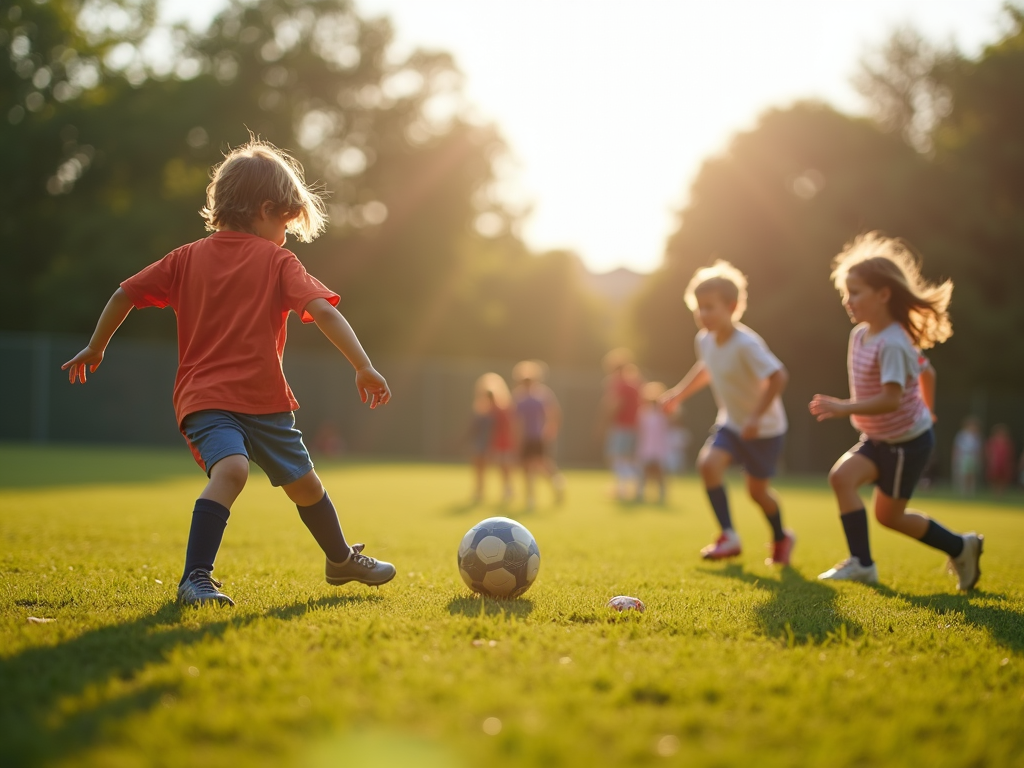 Group of active children playing football under the bright summer sunlight.