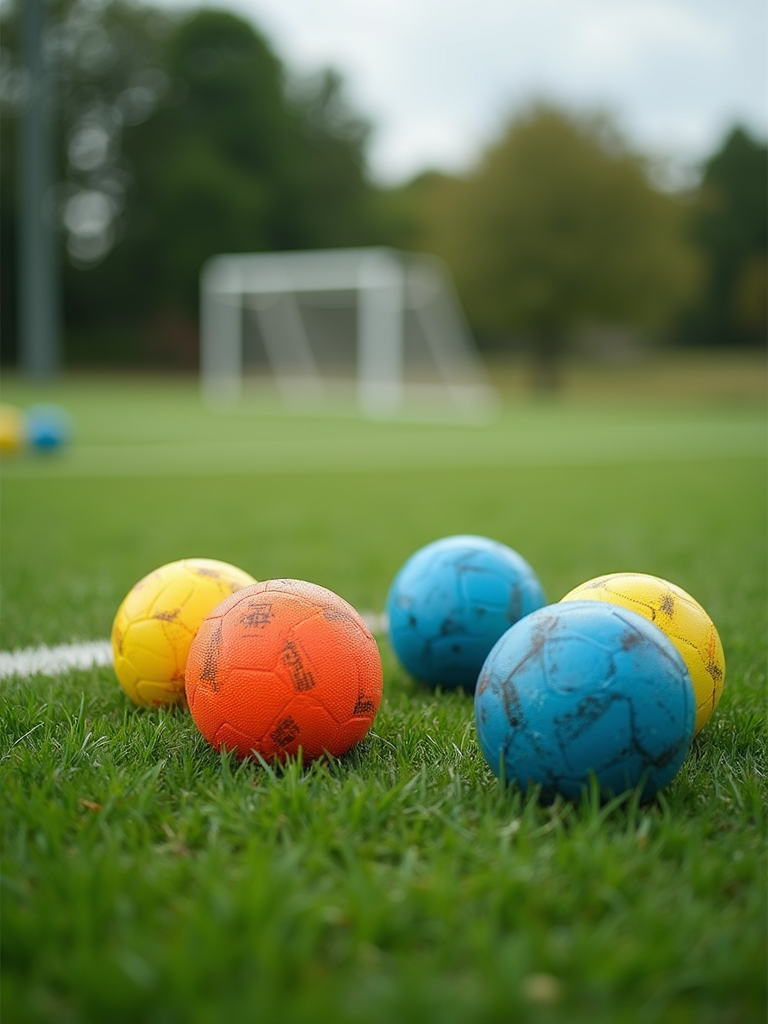 Selection of colorful sport equipment arranged neatly on vibrant green turf.