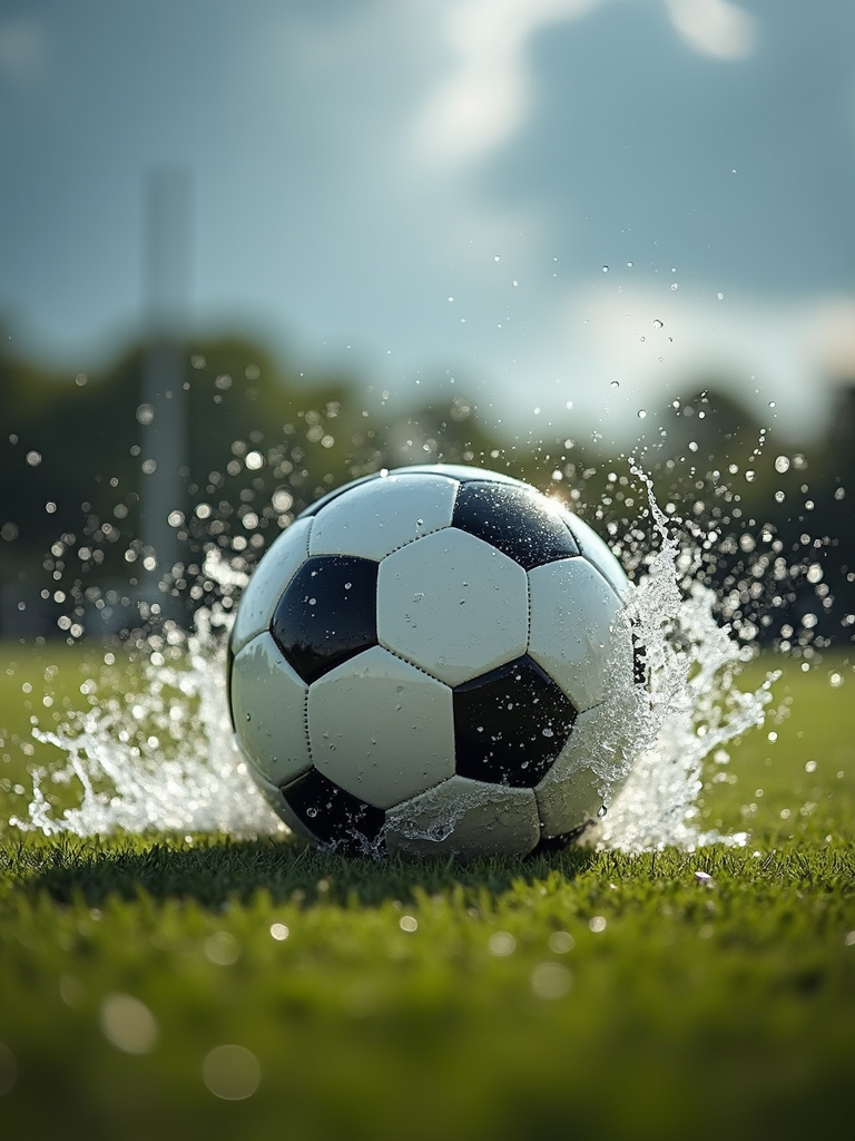 Water splashing brightly over a soccer ball on a sunny day.