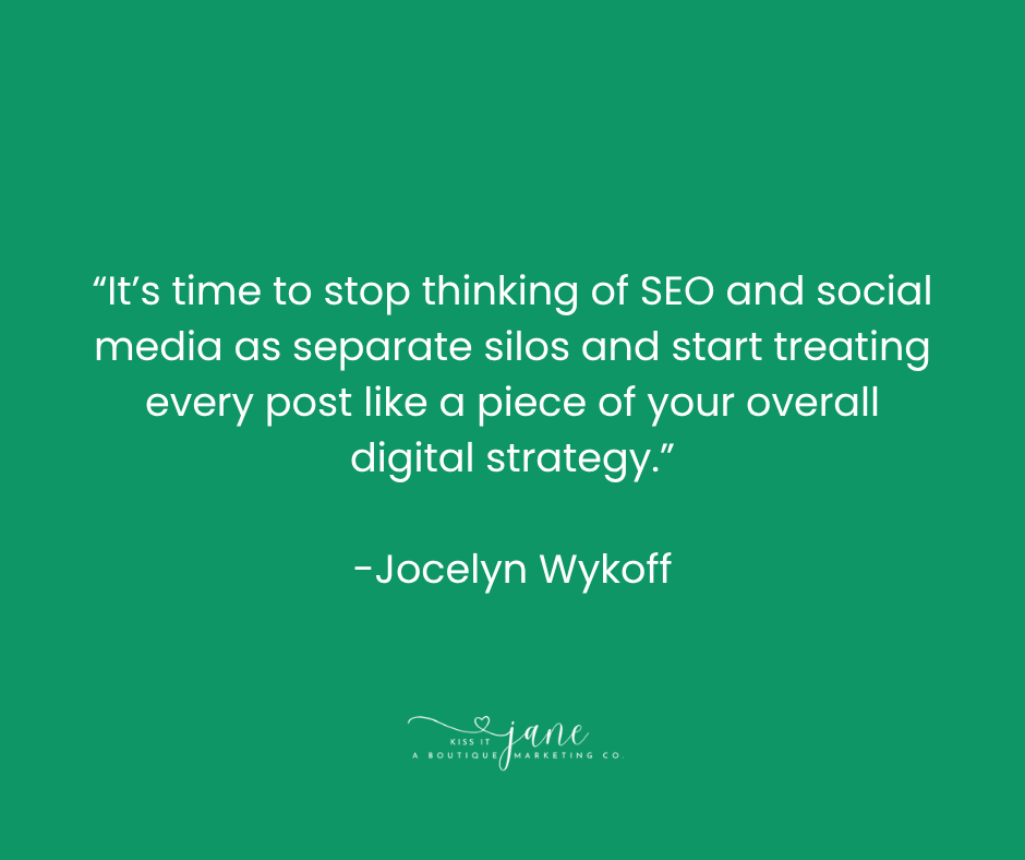 Graphic featuring the quote “Social is now searchable.” by Jocelyn Wykoff of Kiss It Jane, highlighting the integration of Instagram content into Google search results. Simple, bold typography on a clean background for visual impact.