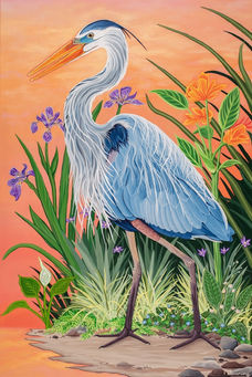 Great blue heron standing by water amidst vibrant purple and orange flowers. Painting by Madison Boening Art.