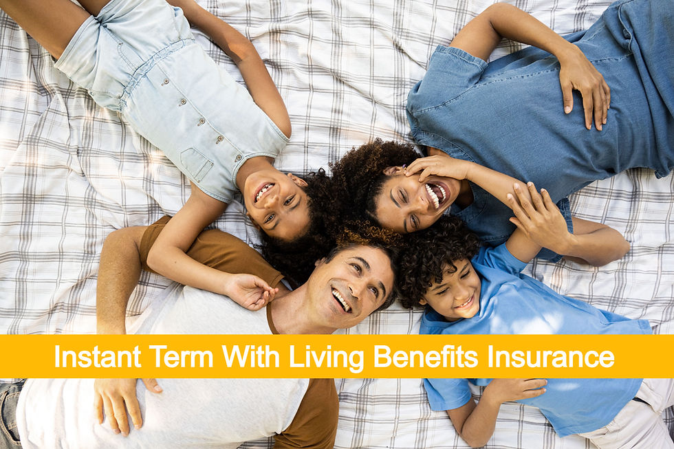 A smiling family of four lies on a plaid blanket. They are casually dressed. Yellow banner with text: "Instant Term With Living Benefits Insurance."