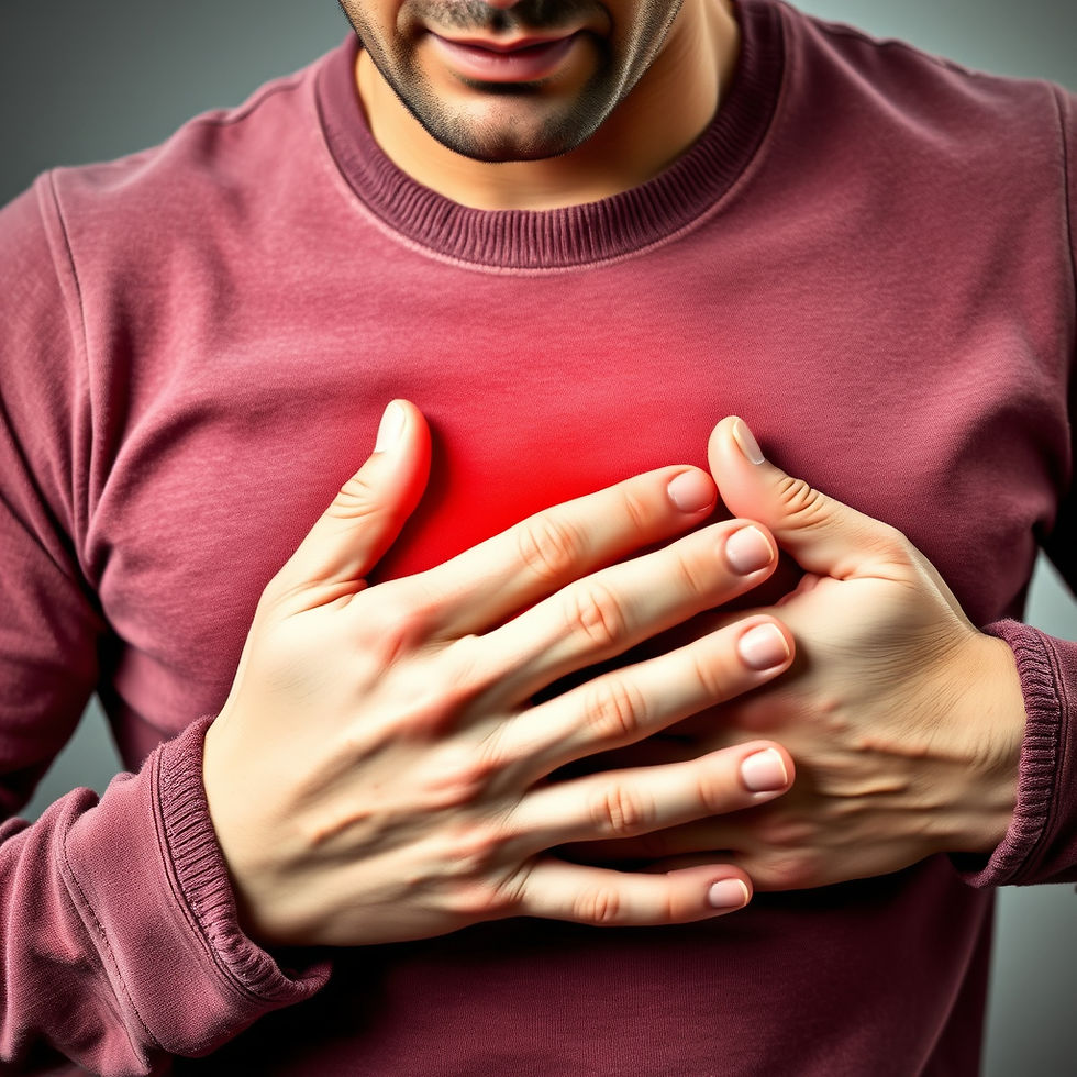 Man in maroon shirt clutching chest with both hands, highlighted red area suggests pain. Neutral gray background, focused expression.