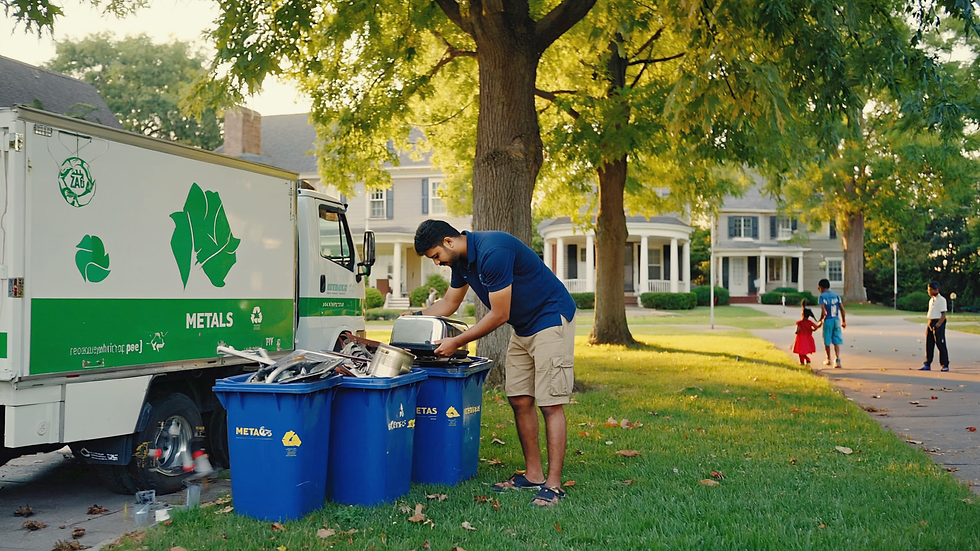 A suburban neighborhood on a bright sunny day. A homeowner is placing neatly sorted scrap metal—like old appliances, cans, and metal tools—into clearly labeled recycling bins at the curb.