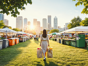 Image of a zero-waste lifestyle in New Jersey featuring people using reusable bags, recycling bins, and composting near a farmers market, with a green cityscape and trees in the background.