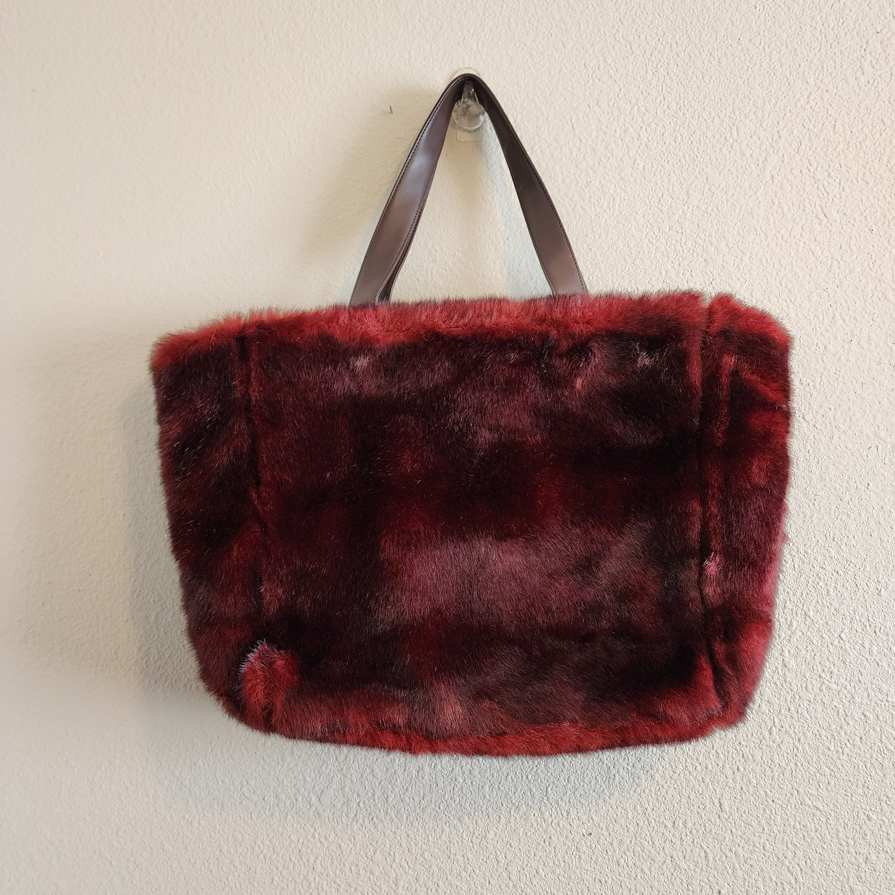 Pottery Barn Large Burgundy Faux Fur Tote Bag. NWT.