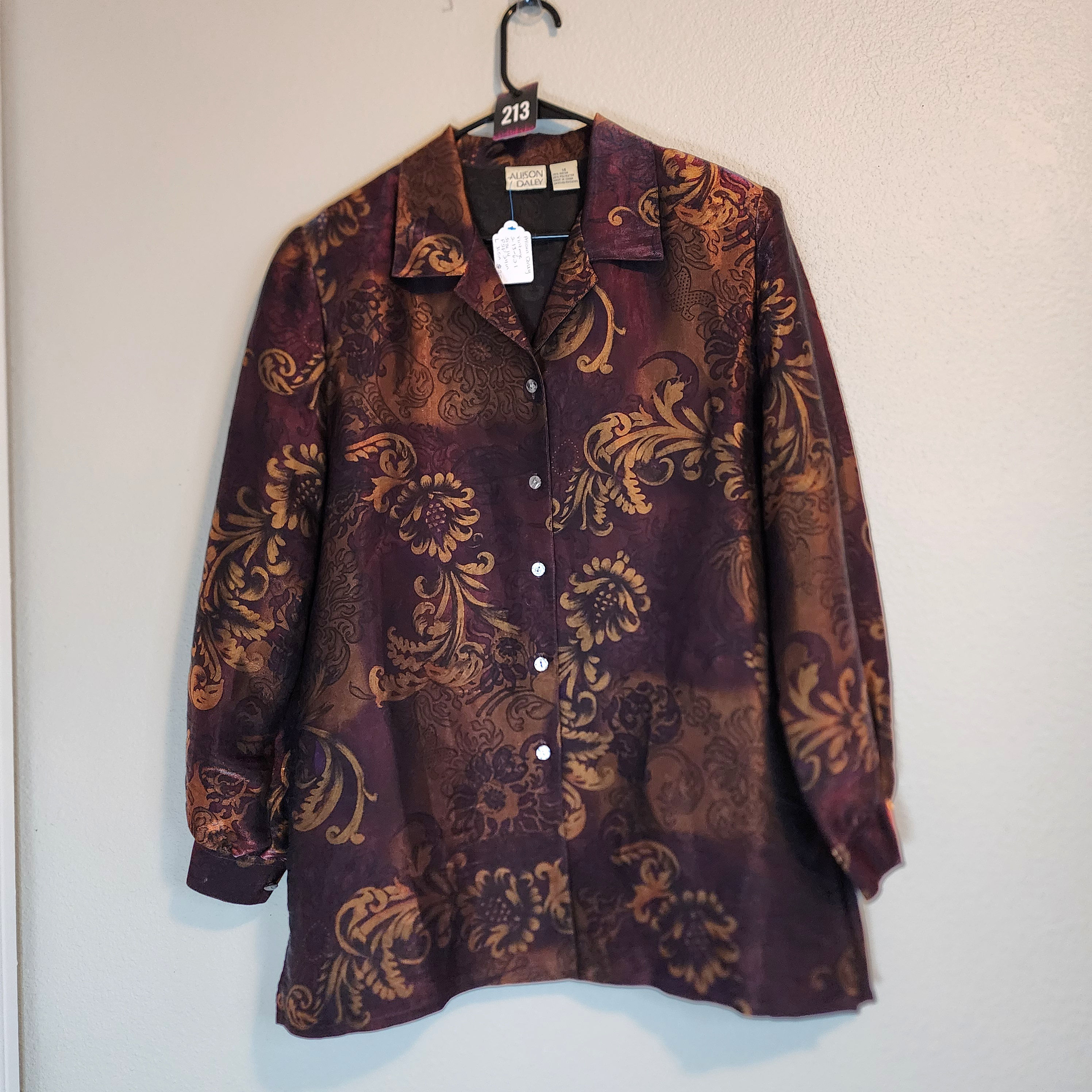 Vintage Allison Daley Metallic Floral Brocade Long Sleeve Button Up.