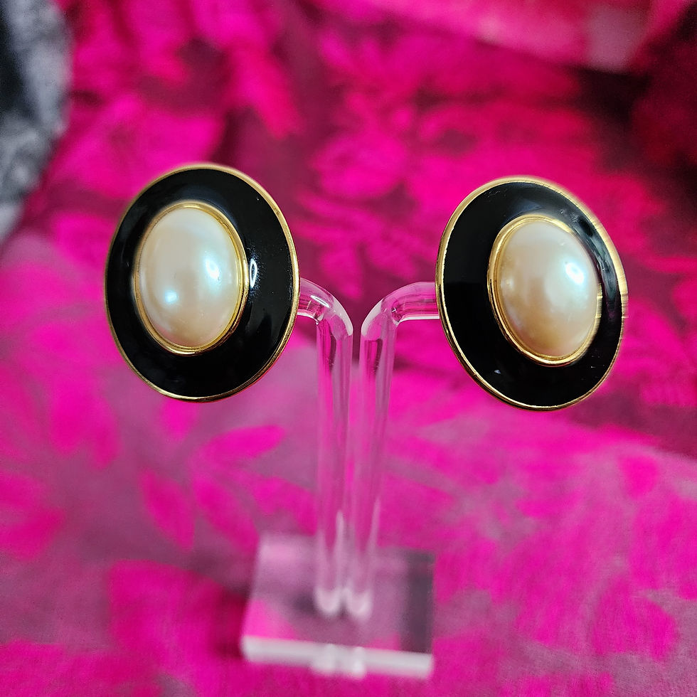 Thumbnail: Vintage Monet Enamel Pearl Clip-On Earrings.