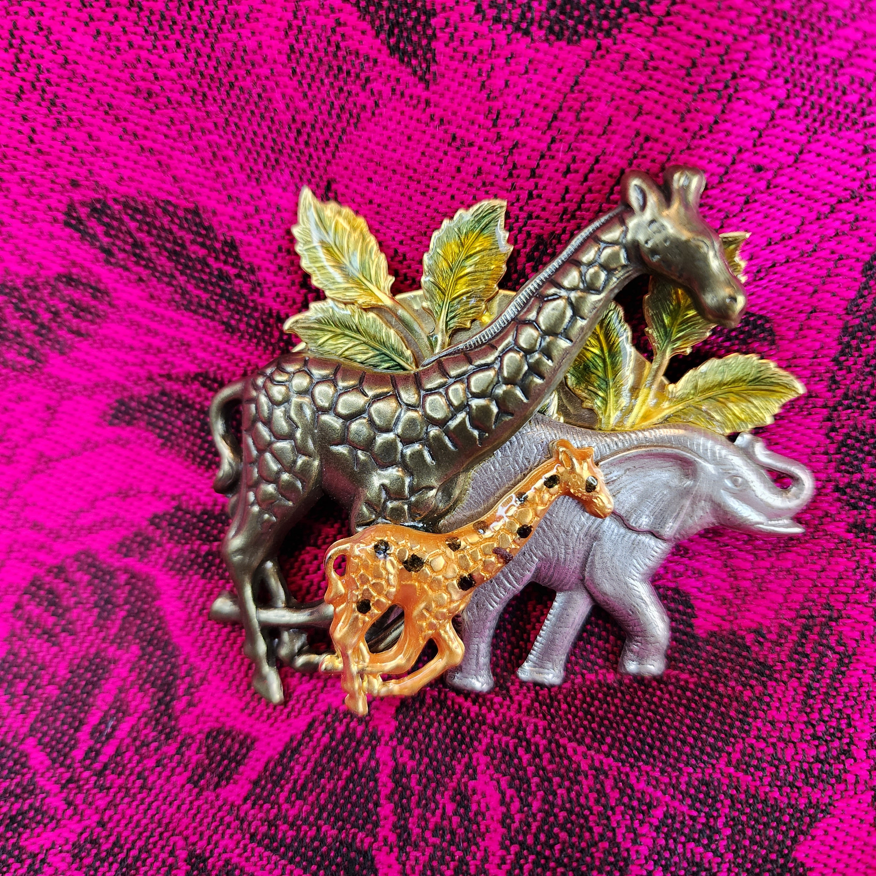 Vintage Safari Trio Mixed Metal Giraffe Elephant Jungle Brooch.