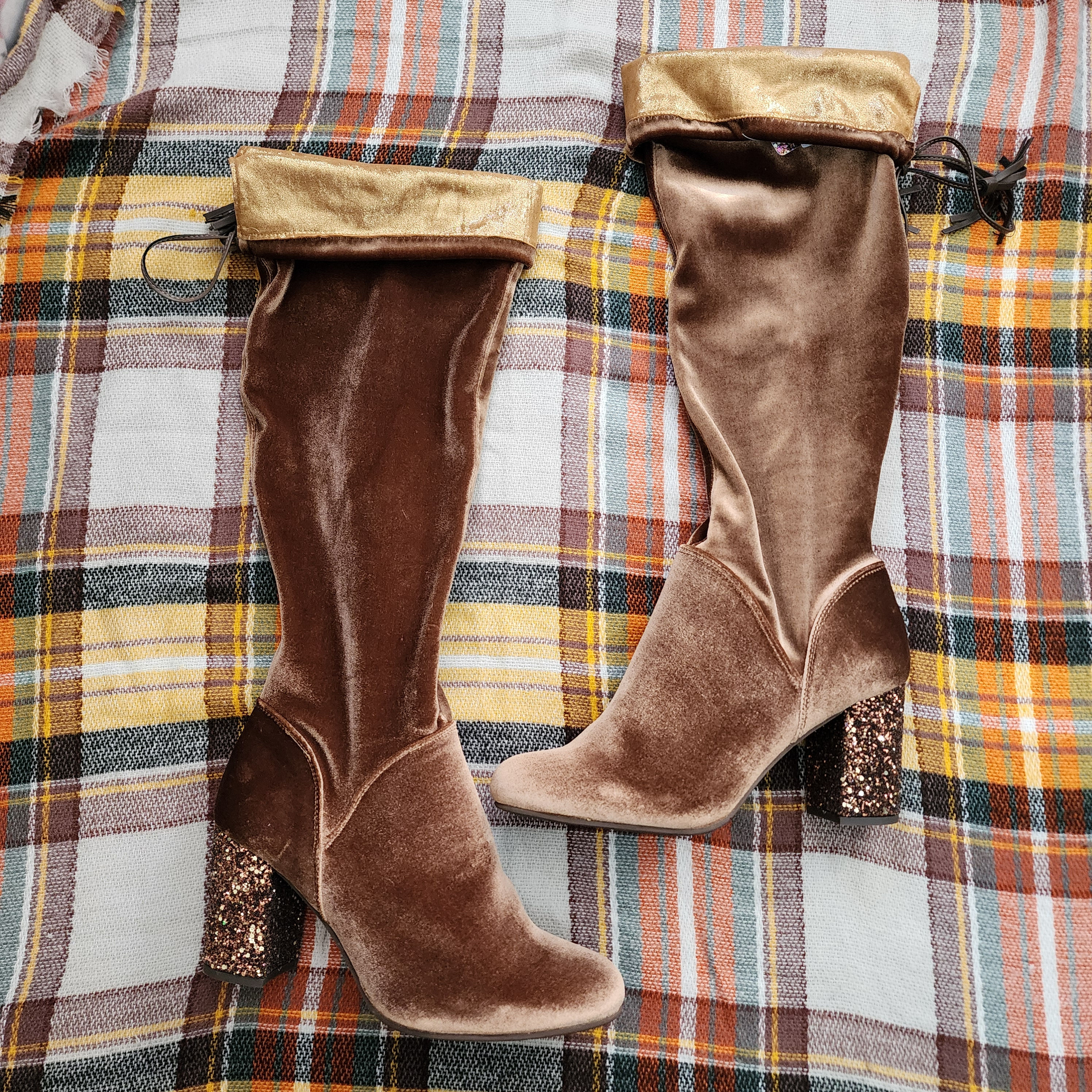 J. Renee Velvet Over The Knee Boots With Tassels And Glitter Block Heel.
