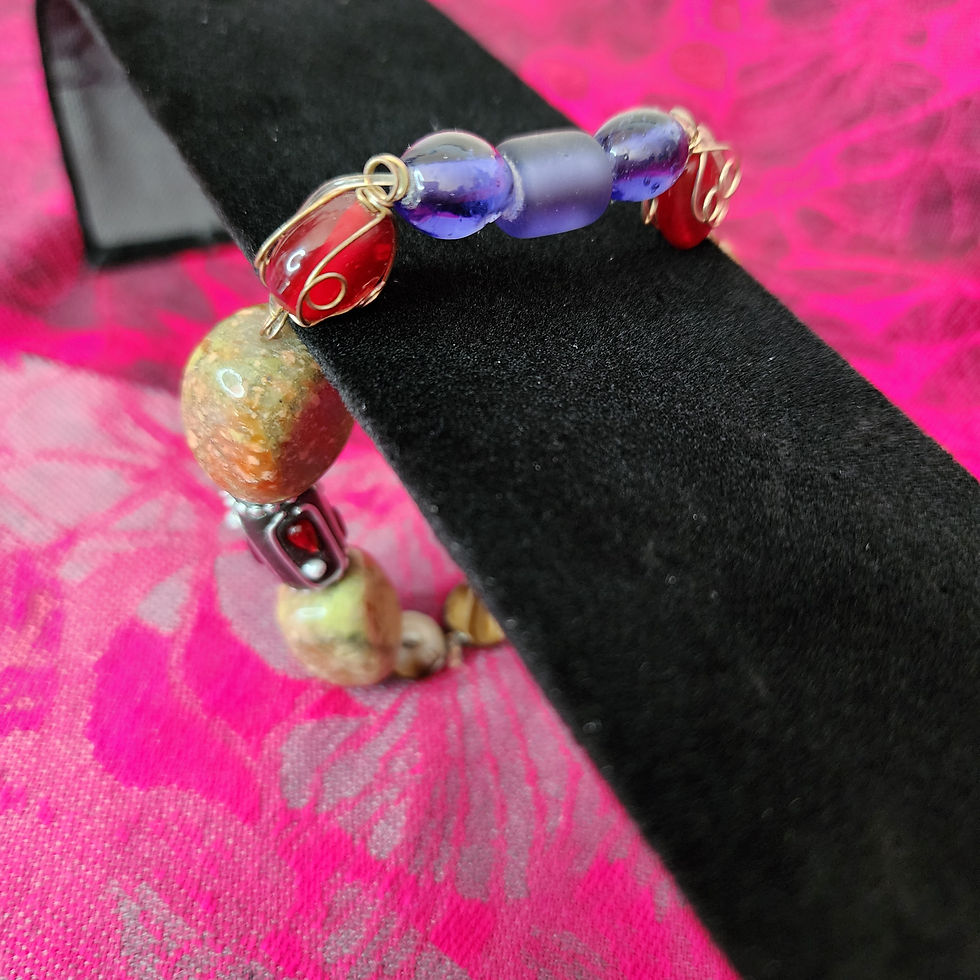 Thumbnail: Handmade Natural Stone and Glass Beaded Stretch Bracelet. 