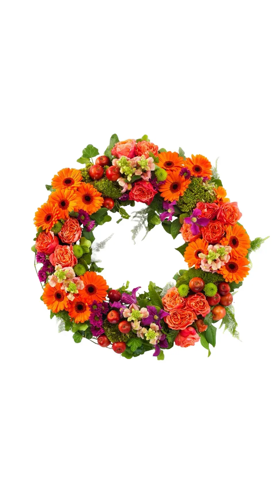 Couronne de fleurs aux teintes chaudes : marguerites orange, roses pêche et roses foncées, avec des touches de pourpre.