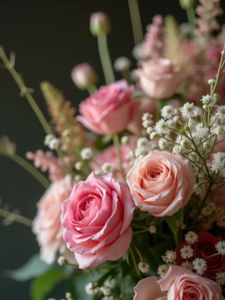 Gros plan d'un bouquet de roses roses et pâles, avec des petites fleurs blanches et une touche de rouge.