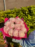 Gros plan d'un bouquet de pivoines roses pâles, fraîchement cueillies, enveloppées dans du papier rose vif.