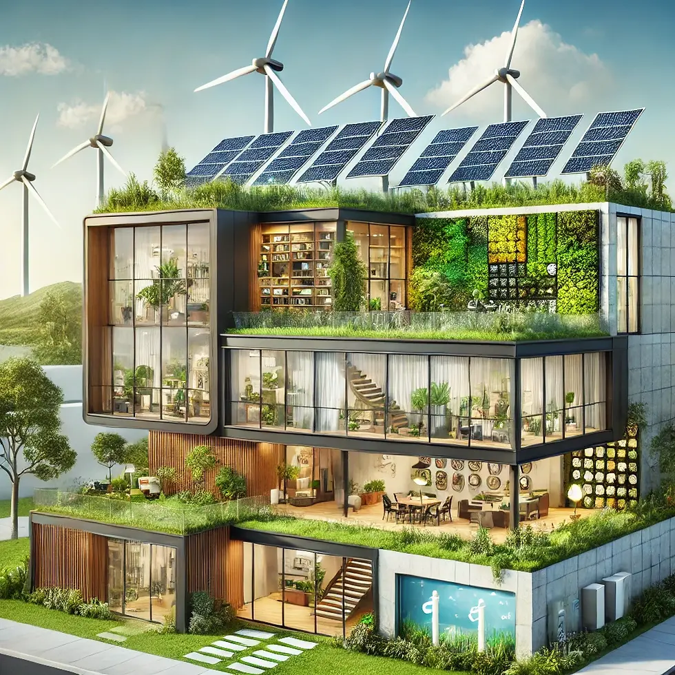 A modern building showcasing green building technologies. The image includes solar panels on the roof, a green roof with vegetation, wind turbines in