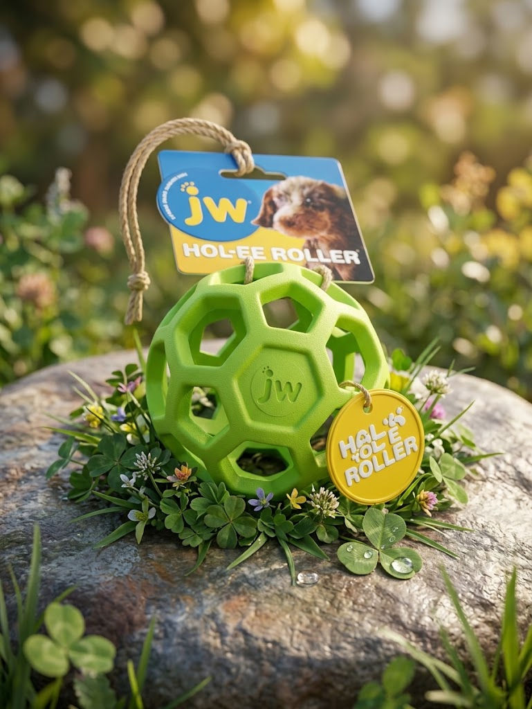 Balle Hol-ee Roller JW verte sur un rocher en extérieur