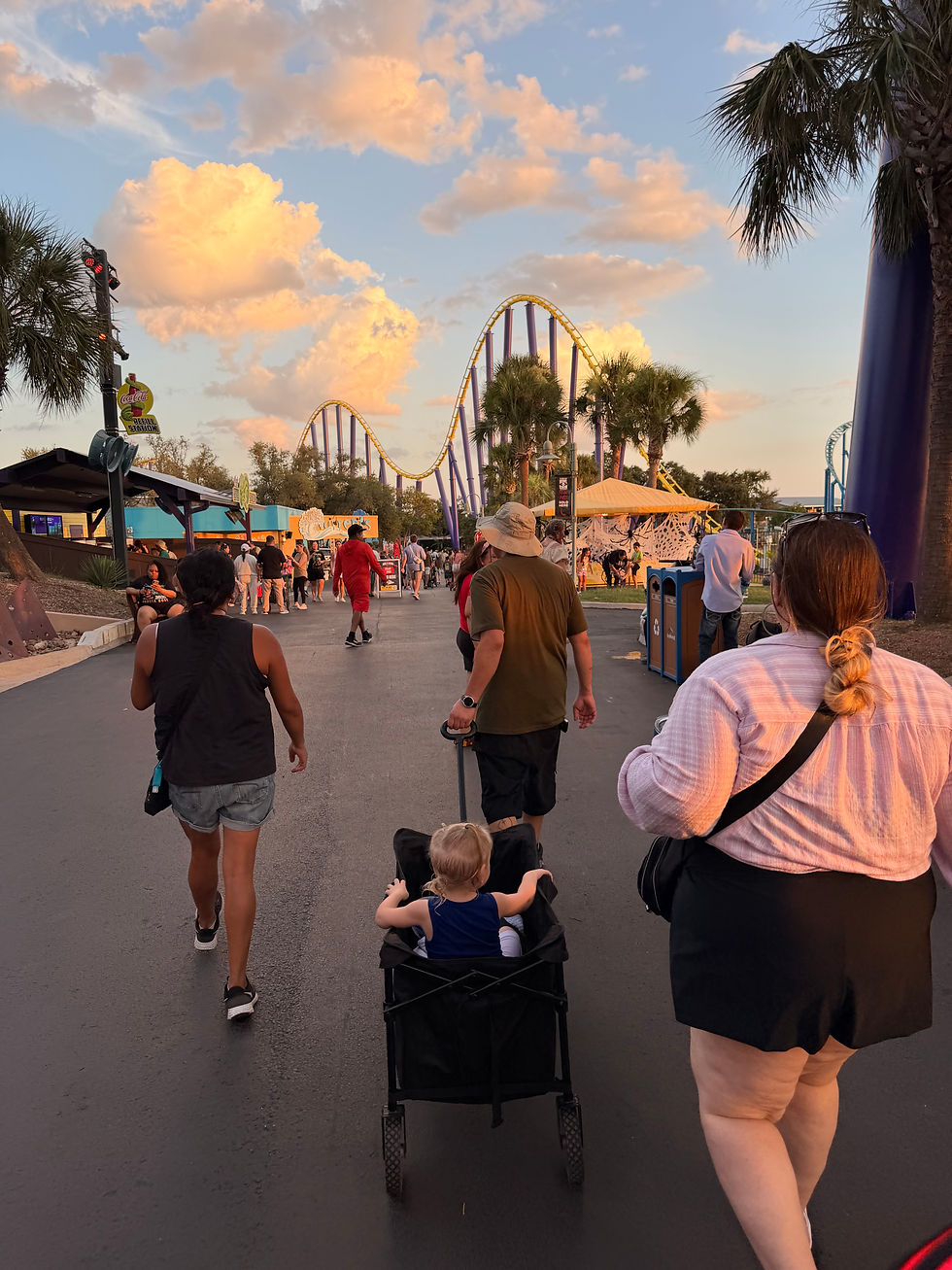 Families walk toward a towering roller coaster at sunset, with palm trees, glowing clouds, and a child in a wagon.