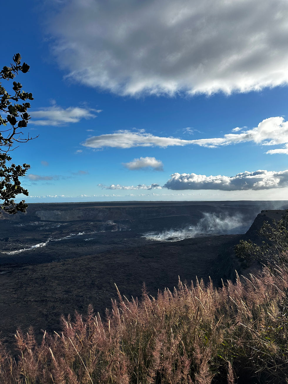 Steam rises from a dark volcanic crater under a bright blue sky with clouds, framed by grasses and shrubs.