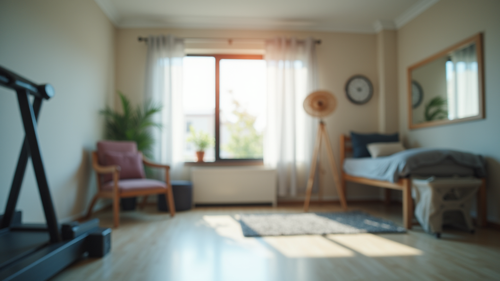 Eye-level view of a home therapy setup with exercise equipment