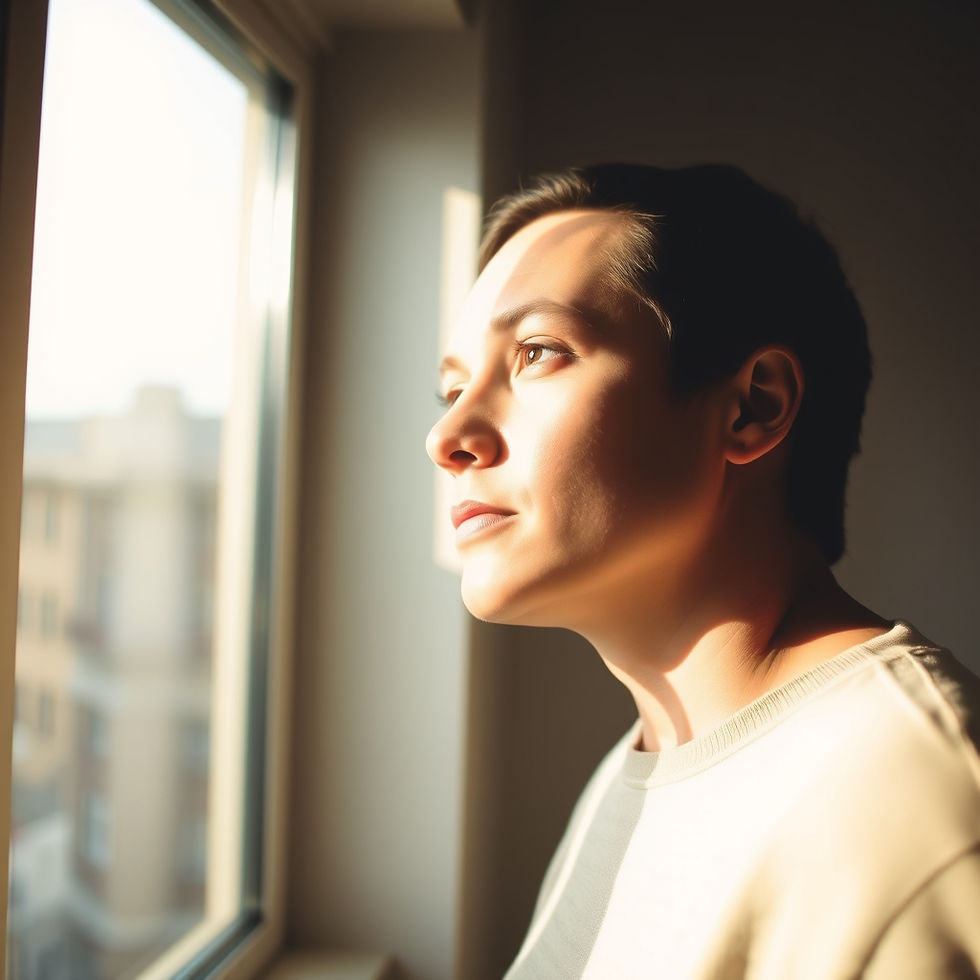 A quiet moment of realization by a window — the turn from self-blame to understanding