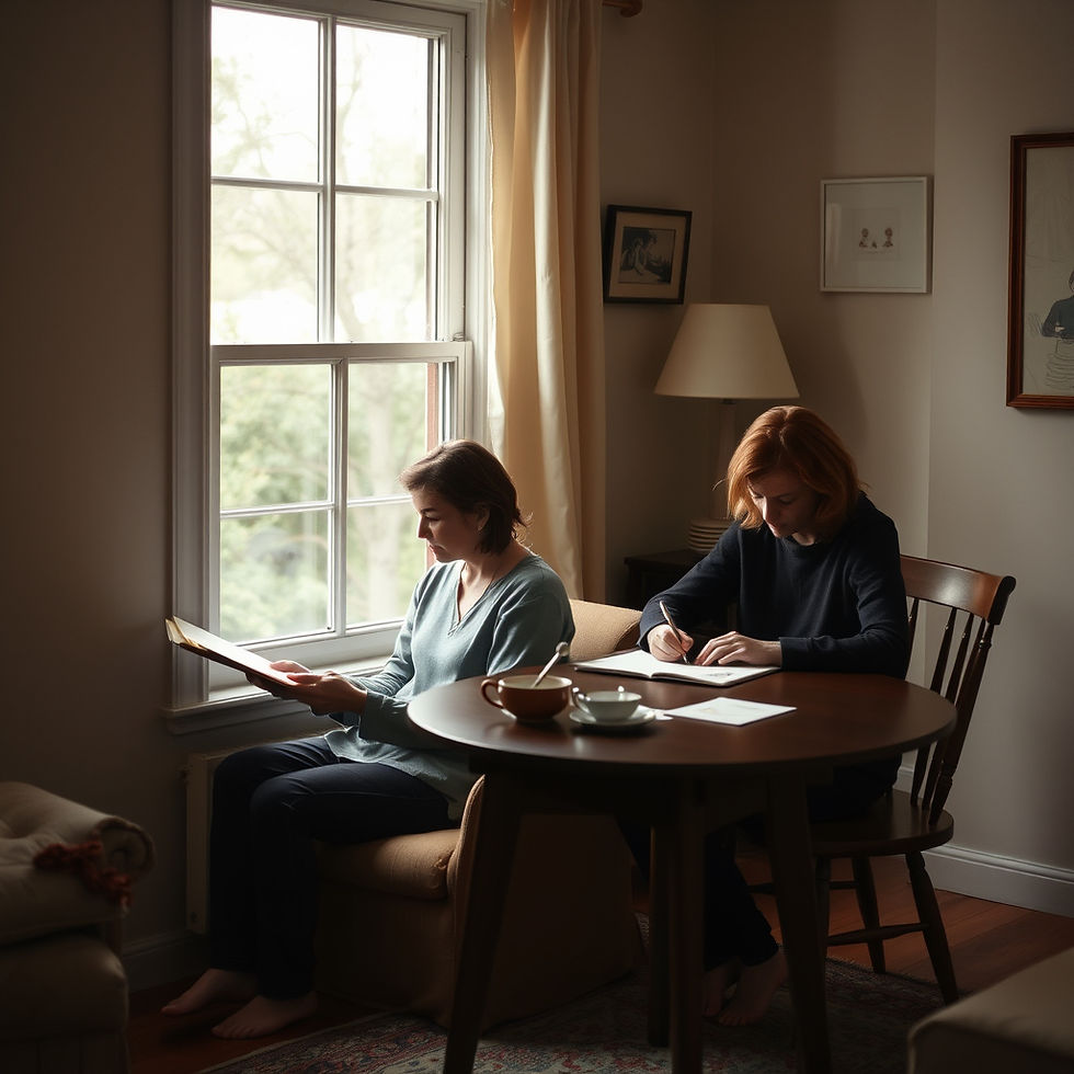 Two people sharing a small table by a window, each absorbed in their own activity — one reading, one writing — present together without merging into one.