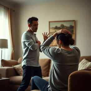A couple mid-conflict in a living room, one gesturing and one turned away — the repeating relationship patterns that play out at home.
