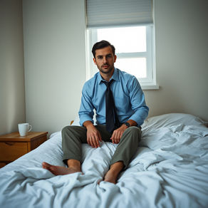 A man in a blue dress shirt and loosened tie sits on the edge of an unmade bed in flat morning light, dressed for the day but stalled, staring ahead with an untouched coffee on the nightstand beside him.