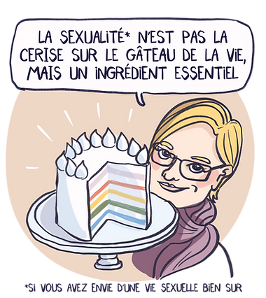 Personne souriante aux cheveux blonds et lunettes, tenant un gâteau à étages colorés. Une bulle dit : « La sexualité* n’est pas la cerise sur le gâteau de la vie, mais un ingrédient essentiel ». En bas, une note précise : « *Si vous avez envie d’une vie sexuelle bien sûr ».