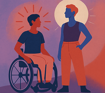 Deux personnes se regardant avec complicité. À gauche, une personne assise dans un fauteuil roulant, entourée de rayons rouges évoquant la fierté ou la mise en lumière. À droite, une personne debout avec la main sur la hanche, devant un cercle clair en arrière-plan. Les tons sont violets, rouges et bleus, suggérant une ambiance inclusive et queer.