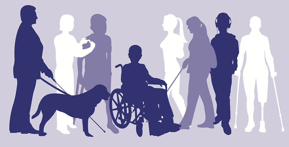 Silhouettes violettes et blanches représentant un groupe diversifié de personnes, incluant des individus en fauteuil roulant, avec des prothèses, un chien d'assistance et une canne blanche, symbolisant l'inclusion et la diversité des capacités.
