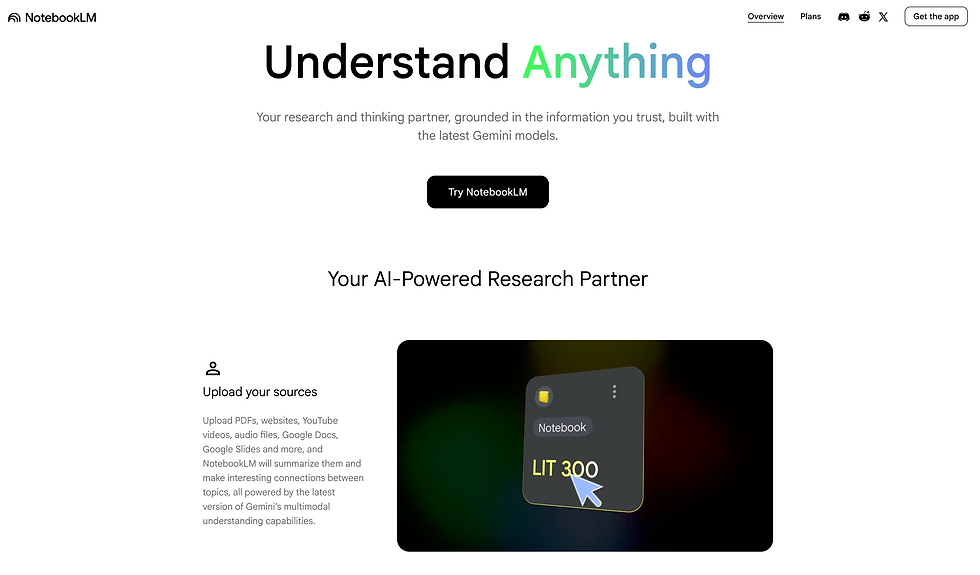 NotebookLM is an AI research assistant that allows entrepreneurs to upload PDFs, reports, and internal documents to analyze, summarize, and extract insights using artificial intelligence.