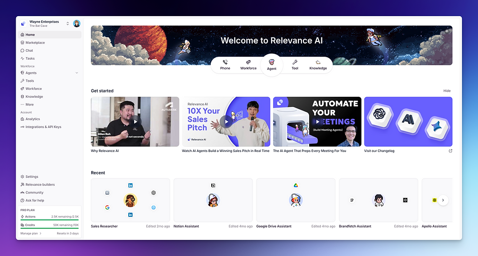 Relevance AI workspace showing agents tools workforces and knowledge areas