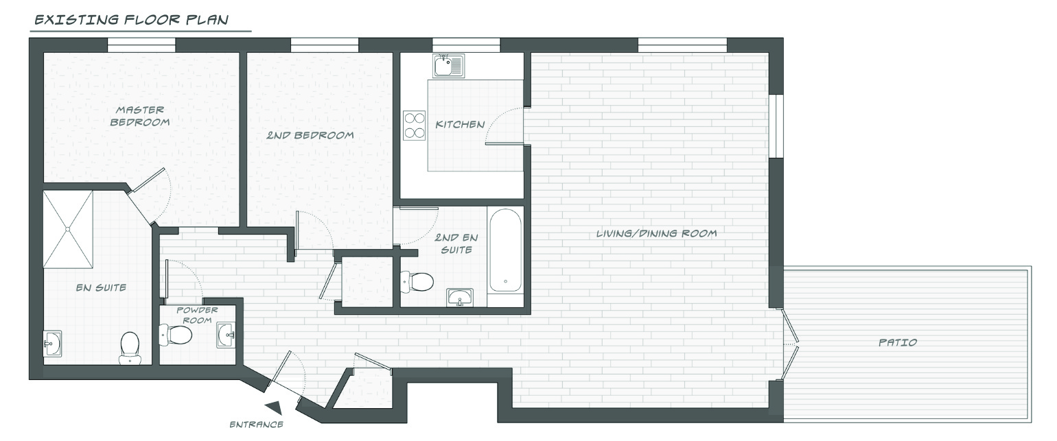 Existing apartment floorplan used to review circulation, storage, room hierarchy and layout constraints.