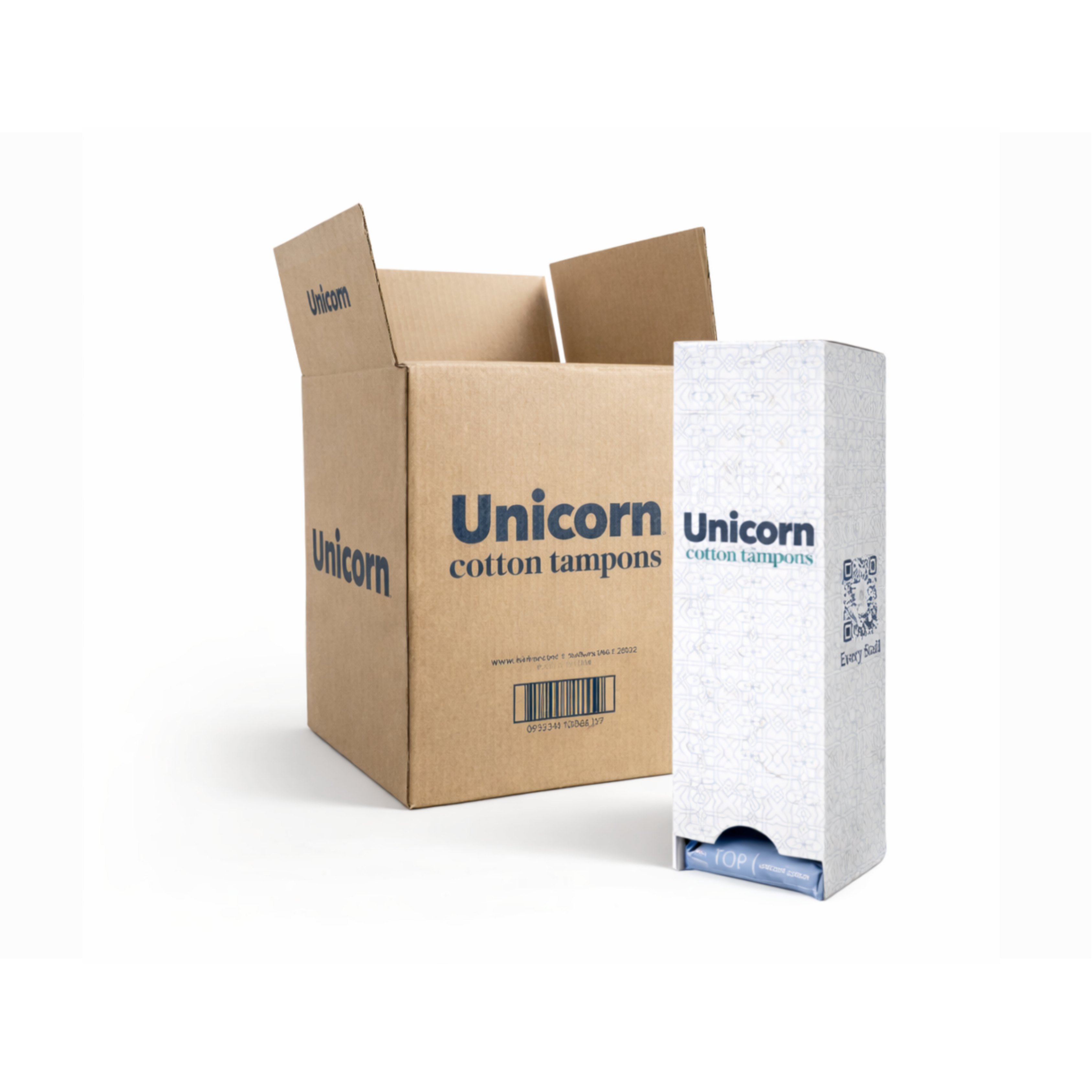 UNICORN organic cotton tampon cartridge and shipping carton