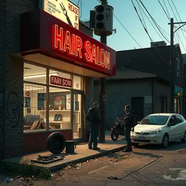 Hooded figure stands armed in front of a flickering convenience store in a dystopian street scene.